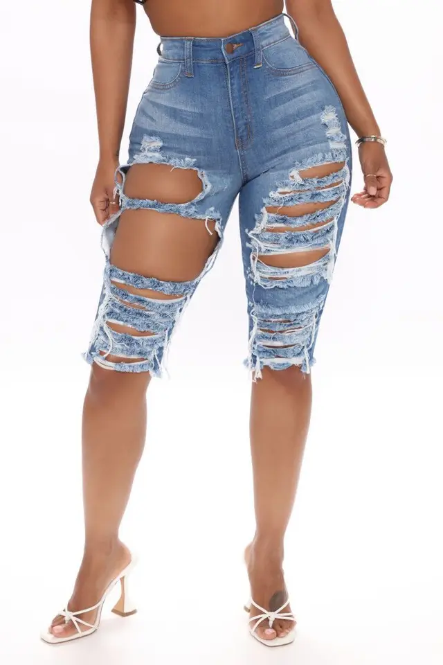 Xia Europe And The United States Ripped Elastic Denim Pants Light Blue50012 - Shop at LoveMi