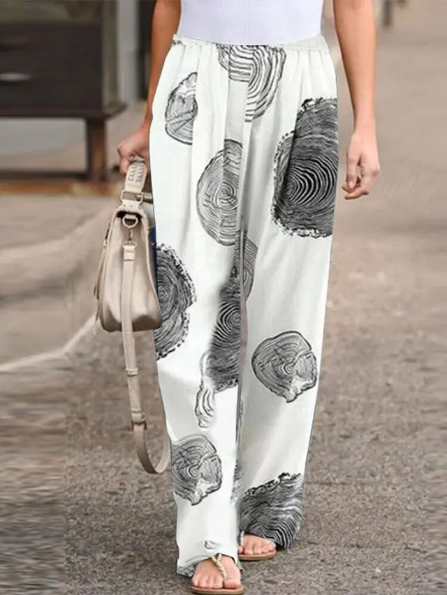 Autumn Fashion Printed Loose Pants Elastic Belt Wide Leg Pants White - Shop at LoveMi