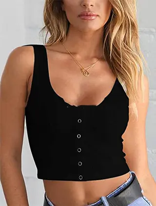 Slim Ladies Button-Embellished Ribbed Umbilical Short Vest Top - Black