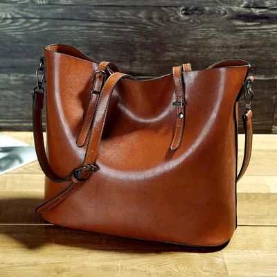 Simple Oil Wax Leather Messenger Shoulder Bags Women's High Capacity Portable Tote Bag Brown - Shop at LoveMi