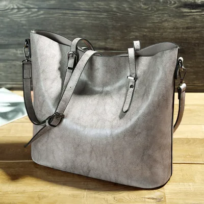 Simple Oil Wax Leather Messenger Shoulder Bags Women's High Capacity Portable Tote Bag Grey - Shop at LoveMi