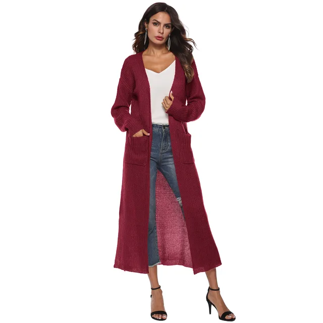 Women's Cardigan Sweater With Large Pockets Cardigan Sweater Long Thin Coat Wine Red - Shop at LoveMi