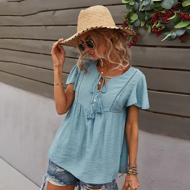 Leisure Vacation Solid Color T shirt Top Blue - Shop at LoveMi