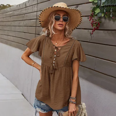 Leisure Vacation Solid Color T shirt Top Caramel Xl - Shop at LoveMi