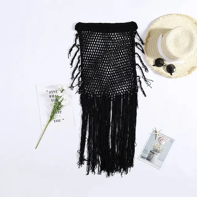 Bohemian Style Perspective Hollow Out Knitted Skirt Women''S Tassel Holiday Skirt Hand Hook Knitted Beach Sunscreen Skirt Black - Shop at LoveMi