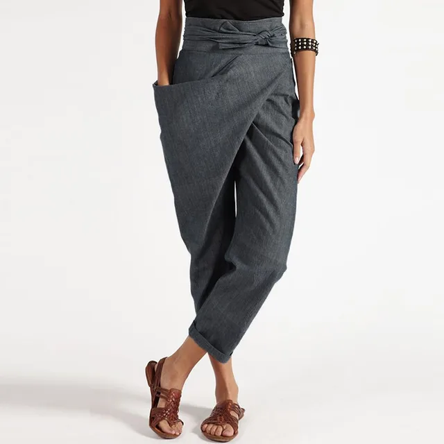 Women Casual Loose High Waisted Lace Up Solid One Side Pocket Comfort Pant Grey - Shop at LoveMi