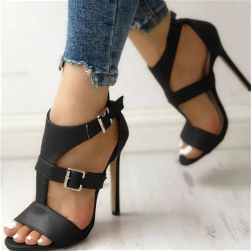 Summer Gladiator Stilettos Leather Peep Toe Ankle Buckle Strap Black - Shop at LoveMi
