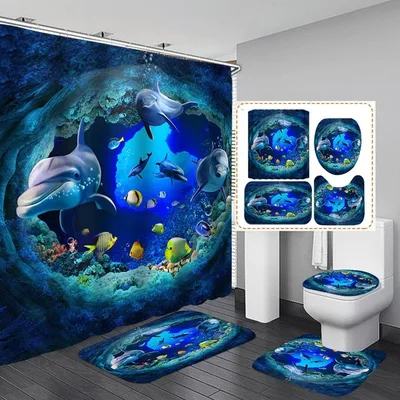 Three Piece Bathroom Shower Curtain Waterproof And Mildew Proof Polyester Bathroom Curtain 3D Dolphin Y3Hait04 - Shop at LoveMi