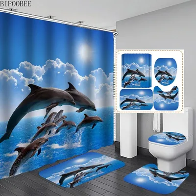 Three Piece Bathroom Shower Curtain Waterproof And Mildew Proof Polyester Bathroom Curtain 3D Dolphin Y3Hait06 - Shop at LoveMi