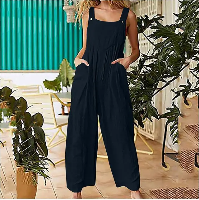Women's New Solid Color Overalls Siamese Overalls Black - Shop at LoveMi