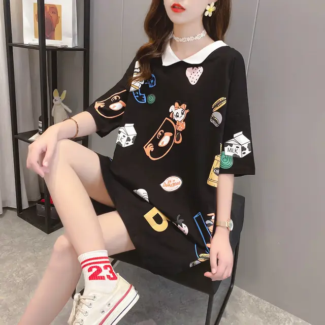Large Size Loose Fitting Short Sleeved T Shirt Women'S Mid Length Polo Shirt On Both Sides Black - Shop at LoveMi