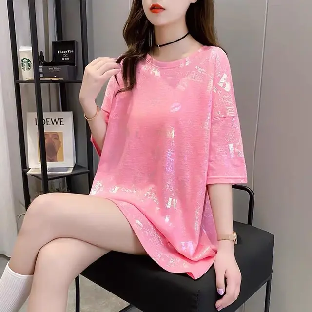 Short Sleeved T Shirt Women'S Summer Plus Size Women'S Clothing New Korean Ins Tide Print Top Pink - Shop at LoveMi