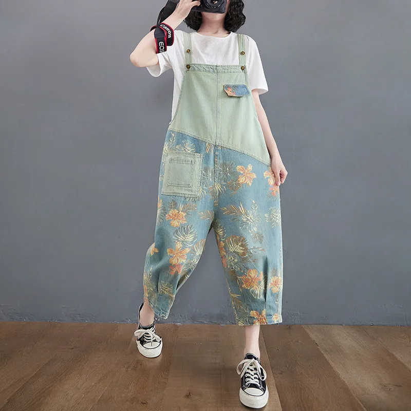 Casual Plus Size Denim Overalls Women'S Printed Stitching Harem Pants - Light Blue