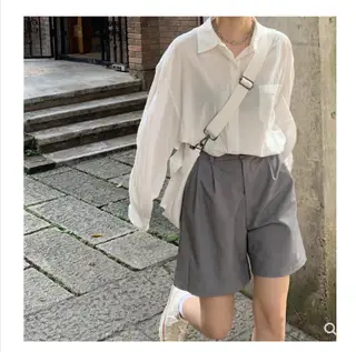 Women's Five-point Pants Suit Shorts Loose, Thin And Super High Waist A-line - Gray
