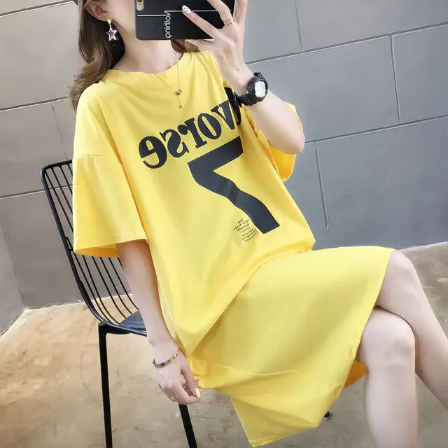 Women'S Short Sleeved T Shirt Skirt Over The Knee Long Korean Printing Compassionate Women Tide Foreign Trade Yellow - Shop at LoveMi