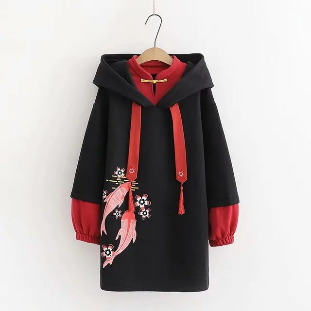 Fake Two Small High Necked Hooded Sweater Women Autumn And Winter Mid Length Koi Embroidery Plus Velvet Top Black - Shop at LoveMi