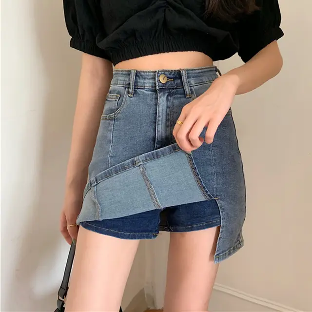 Half Skirt Women Summer New Korean Stretch Side Split Denim Shorts Skirt Casual Lining Hip Skirt Blue - Shop at LoveMi