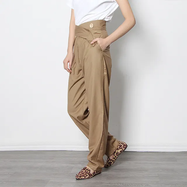 Large Metal Buckle, Cross Straps, High Waist, Fashion Temperament, Straight Trousers, Thin Feet, Casual Pants Khaki - Shop at LoveMi