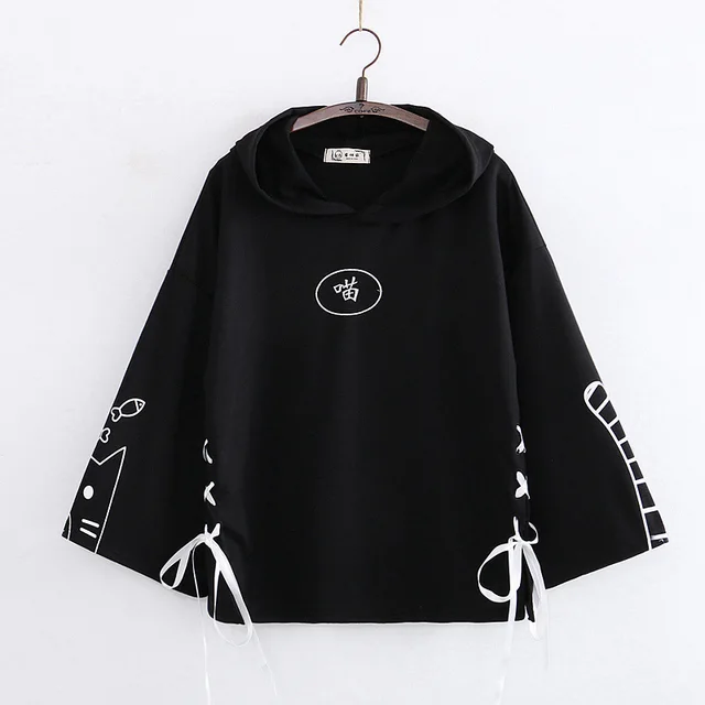 New And Cute Junior High School Birthday Cat Japanese Print Hooded Cotton Sweater Women Black - Shop at LoveMi