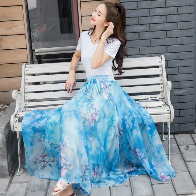 Women's Printed High Waisted A Line Skirt Blue - Shop at LoveMi