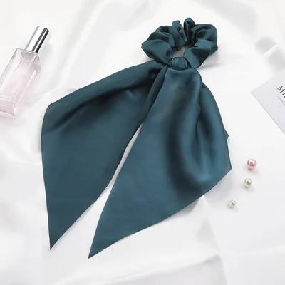 New Knotted Ribbon Satin Monochrome Silky Square Scarf Hair Tie Ladies Ponytail Hair Army Green - Shop at LoveMi
