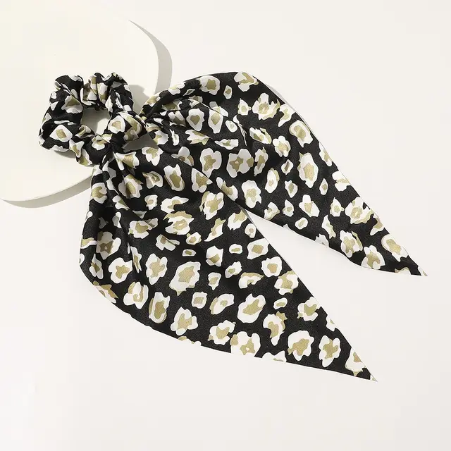 New Knotted Ribbon Satin Monochrome Silky Square Scarf Hair Tie Ladies Ponytail Hair Leopard Print Black - Shop at LoveMi