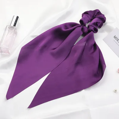 New Knotted Ribbon Satin Monochrome Silky Square Scarf Hair Tie Ladies Ponytail Hair Purple - Shop at LoveMi