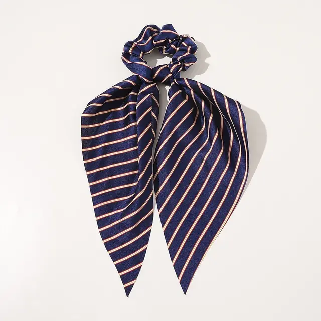 New Knotted Ribbon Satin Monochrome Silky Square Scarf Hair Tie Ladies Ponytail Hair Striped Navy Blue - Shop at LoveMi