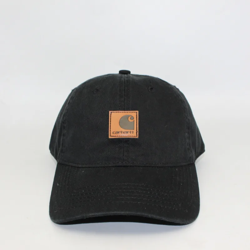 Washed Distressed Leather Label Soft Top Baseball Cap - Black