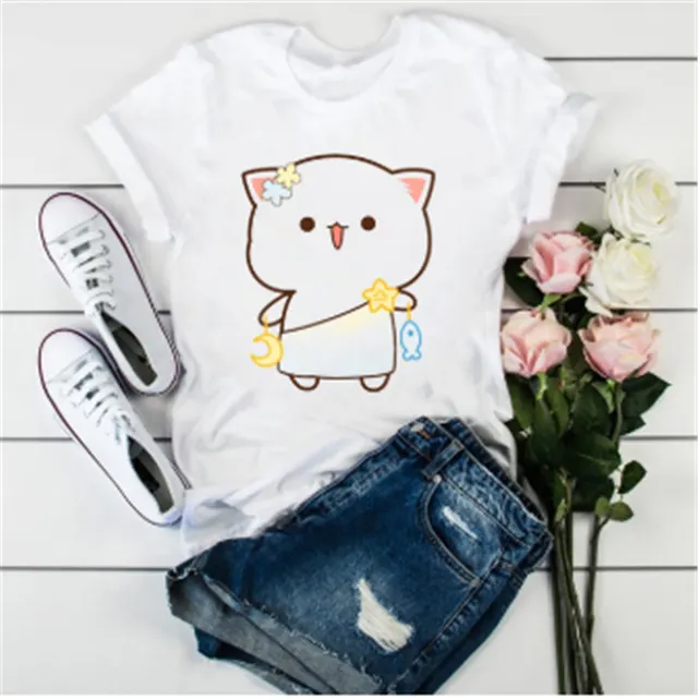 Cute Cat Cartoon Print Loose Casual Student T shirt J - Shop at LoveMi