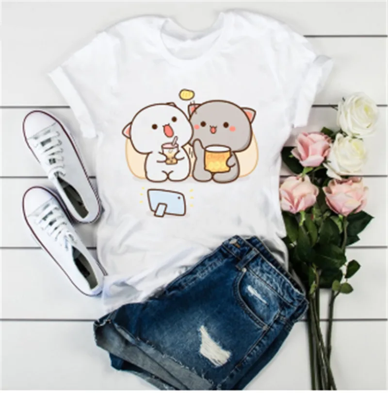 Cute Cat Cartoon Print Loose Casual Student T shirt Q - Shop at LoveMi