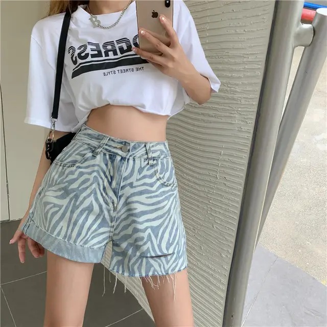 Jeans Women''S High Waisted Slim Loose Straight Shorts Summer Zebra Grain Slim Wide Leg Pants Default - Shop at LoveMi