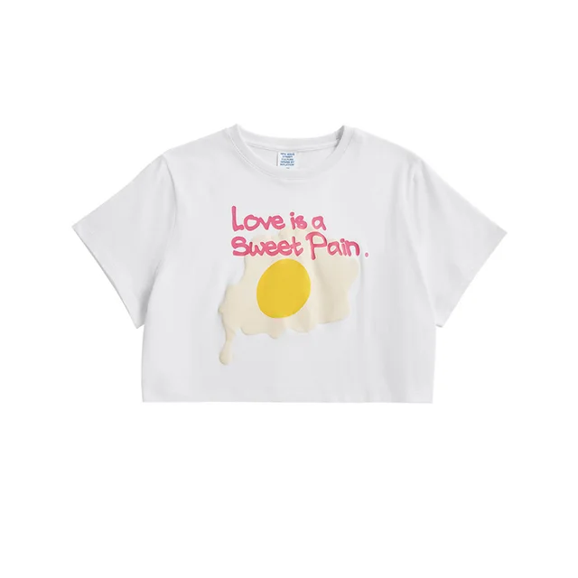 Spring And Summer New Net Red Egg Print Short Sexy Short Sleeved T Shirt With Navel Exposed And Thin Ladies White - Shop at LoveMi