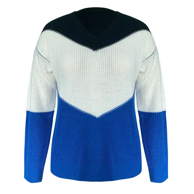 New European And American Foreign Trade Knitwear Popular Color Matching V Neck Long Sleeve Loose Knit Sweater Blue - Shop at LoveMi