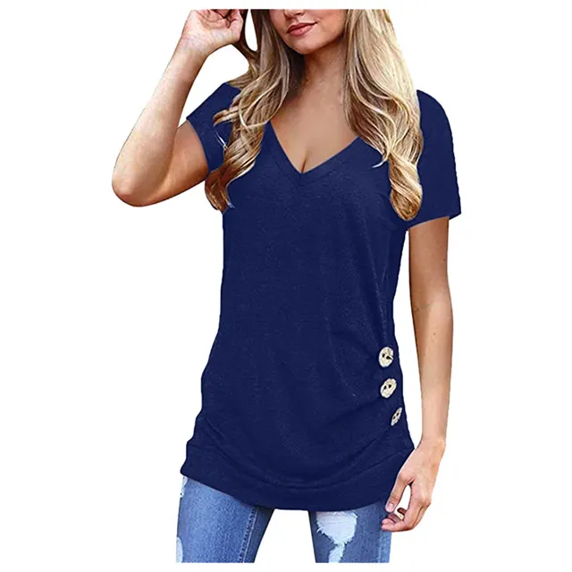 Summer Solid Color V Neck Raglan Short Sleeves Blue - Shop at LoveMi