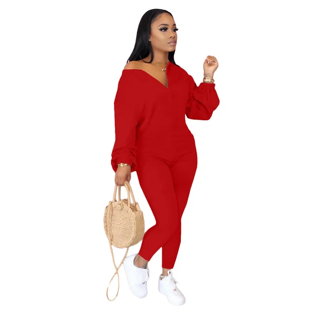 Women's Solid Color Oblique Shoulder Fashion Casual Jumpsuit Red - Shop at LoveMi