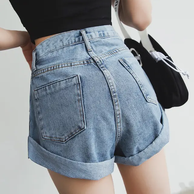 High Waist Denim Shorts Women'S Elastic Waist Waist Cuffed Wide Leg Pants Shorts Loose Light Blue - Shop at LoveMi