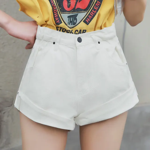 High Waist Denim Shorts Women'S Elastic Waist Waist Cuffed Wide Leg Pants Shorts Loose White - Shop at LoveMi