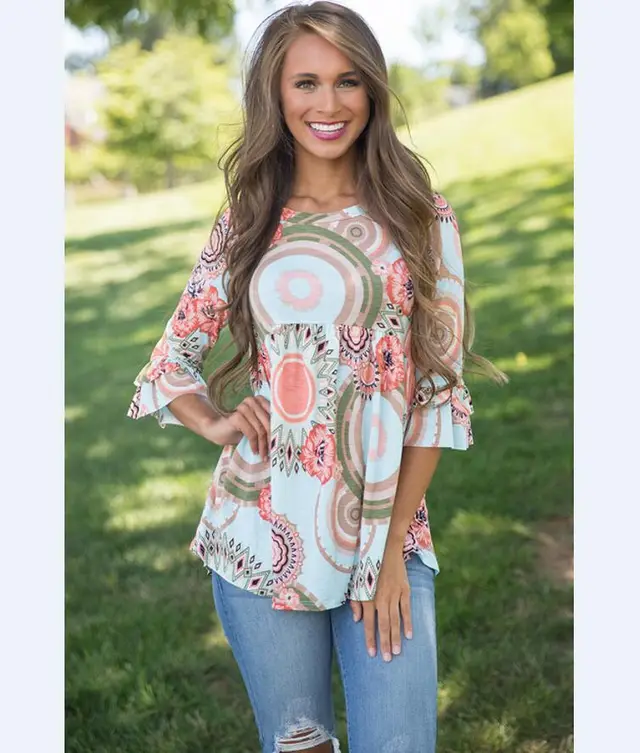 European And American Fashion Women's Round Collar Printed Flared Sleeves As Shown - Shop at LoveMi