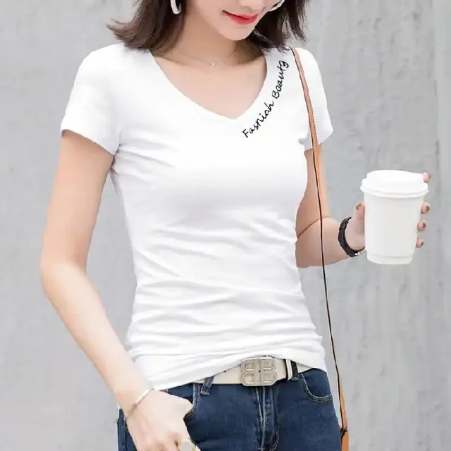 Spring Women Short Sleeves Sexy Top Slim Summer Embroidery V Neck White - Shop at LoveMi
