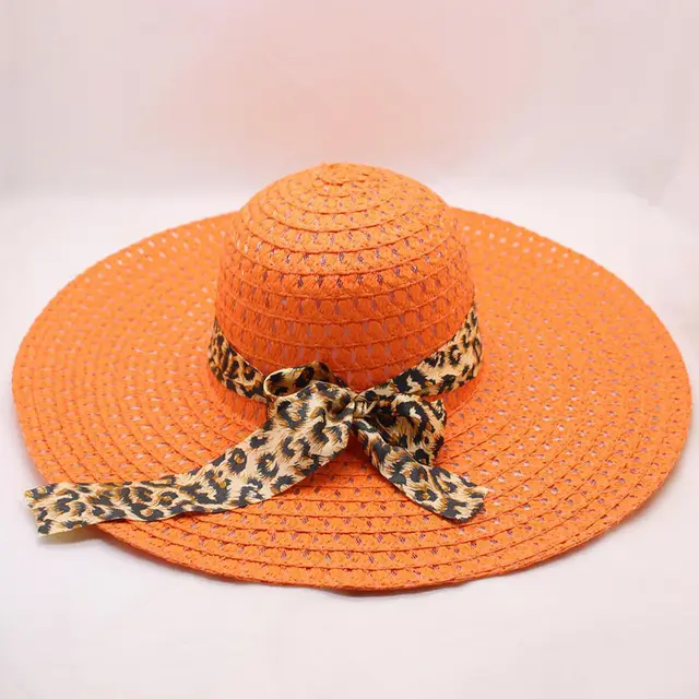 Women's Large brimmed Beach Hat With Bow And Streamer Straw Hat Orange - Shop at LoveMi