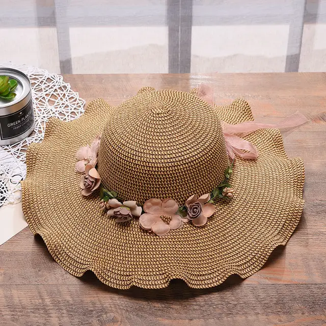 Ladies Hat Big Wave Flower Sun Hat Beach Outdoor Sun Hat Sunscreen Straw Hat Khaki - Shop at LoveMi