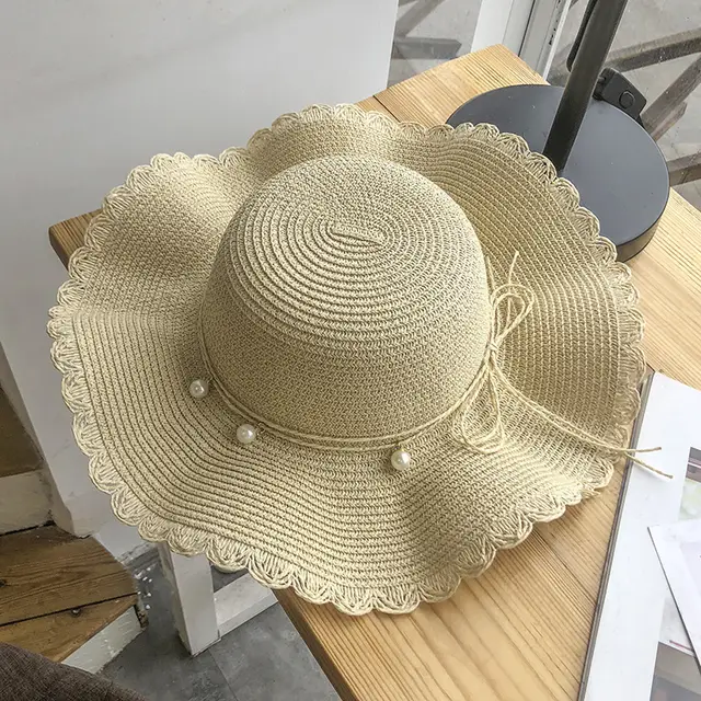 Hat Female Summer Small Wave Big Along The Straw Hat Korean Version Of The Wild Pearl Leisure Sunscreen Beach Sun Hat Tide Beige - Shop at LoveMi