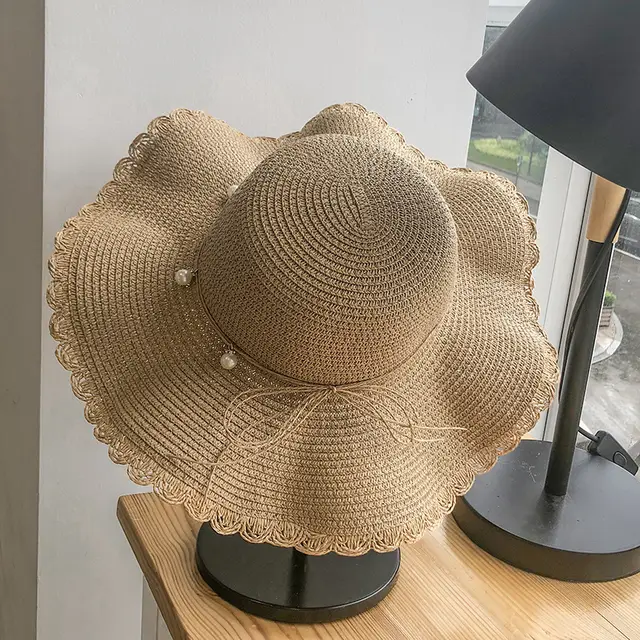 Hat Female Summer Small Wave Big Along The Straw Hat Korean Version Of The Wild Pearl Leisure Sunscreen Beach Sun Hat Tide Khaki - Shop at LoveMi