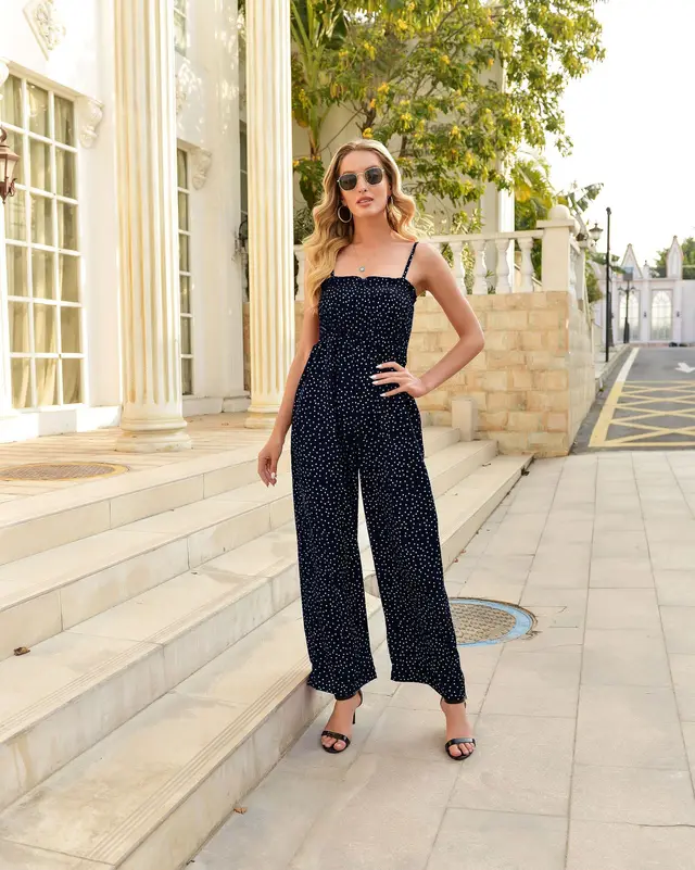 Polka Dot Print Suspender Wide leg Jumpsuit Navy Blue - Shop at LoveMi