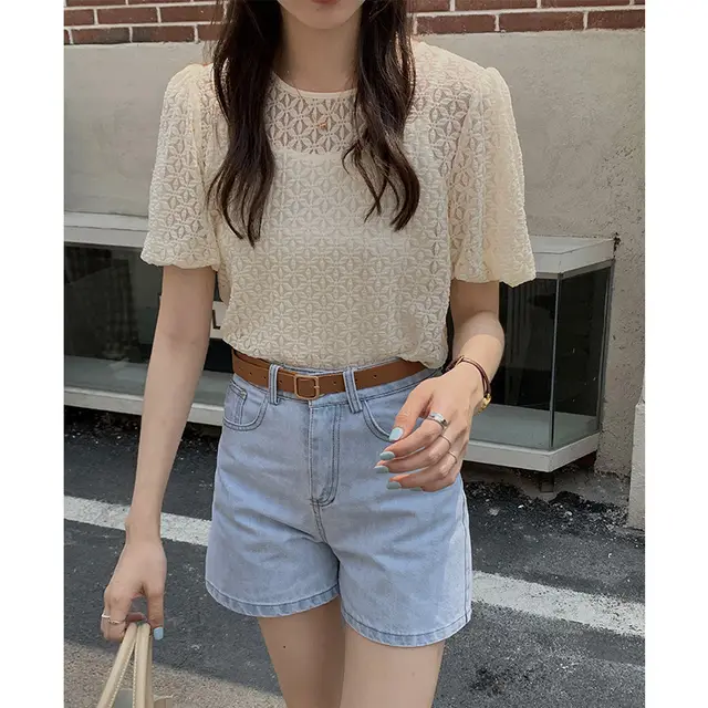 Two piece French Retro Foam Sleeve Lace Top Free Summer Women's Base Sling Beige - Shop at LoveMi