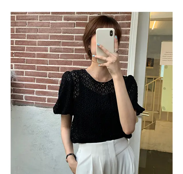 Two piece French Retro Foam Sleeve Lace Top Free Summer Women's Base Sling Black - Shop at LoveMi