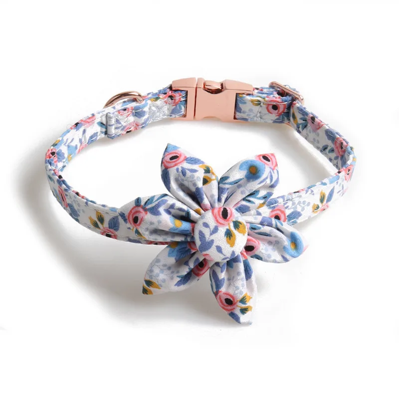 Flower Print Dog Collar Rose Metal Buckle And Wind Sunflower Pet Collar Blue - Shop at LoveMi
