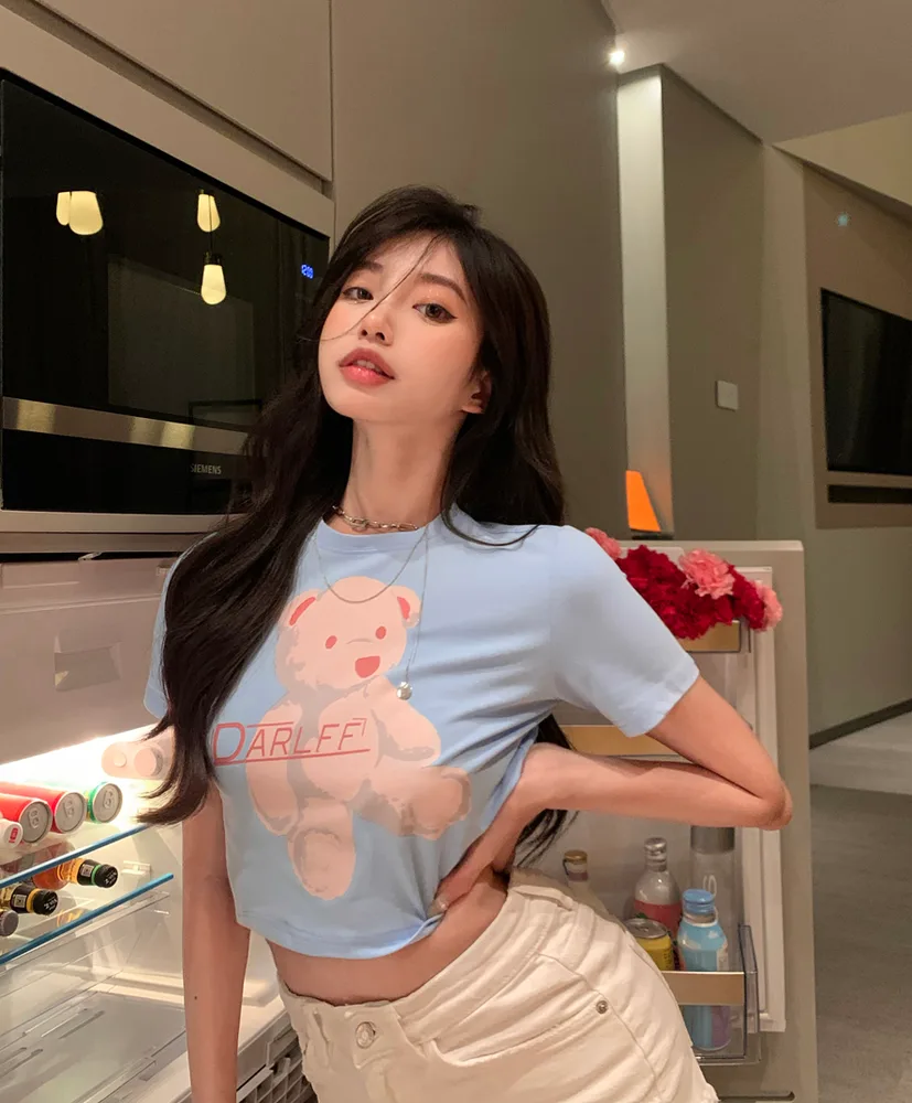 Bear T Shirt Women'S Short Cropped Navel Sweet And Spicy Slim Fitting Tight Rose Red Short Sleeved Top Sky Blue - Shop at LoveMi