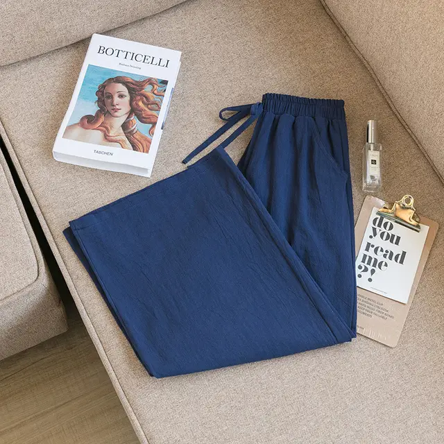Wide Leg Pants Women'S Summer Cotton And Linen Breathable Loose Large Size Navy - Shop at LoveMi